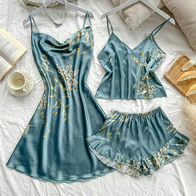 Women's Imitation Silk Pajama Set - Sexy Backless Suspender Shorts Dress 3-piece Set