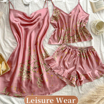 Women's Imitation Silk Pajama Set - Sexy Backless Suspender Shorts Dress 3-piece Set