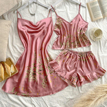 Women's Imitation Silk Pajama Set - Sexy Backless Suspender Shorts Dress 3-piece Set