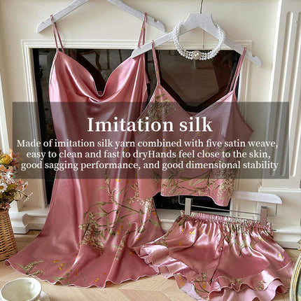 Women's Imitation Silk Pajama Set - Sexy Backless Suspender Shorts Dress 3-piece Set