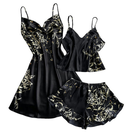 Women's Imitation Silk Pajama Set - Sexy Backless Suspender Shorts Dress 3-piece Set