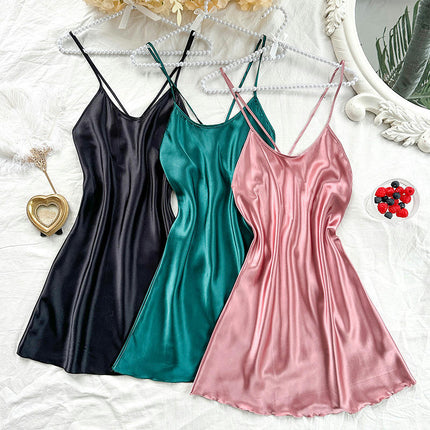 3 Pack Women's Imitation Silk Nightgown, Adjustable Spaghetti Strap Chemise V Neck Slip Dress