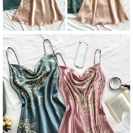 Women 2 Pack Faux Silk Nightgown Sexy Printed Lingerie Satin Nightdress V Neck Nightgown