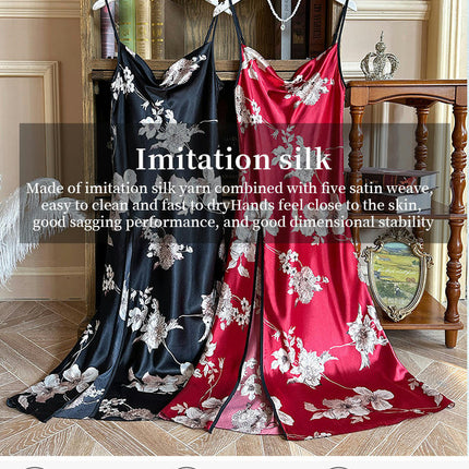 Women's Long Suspender Nightgown 2-pack Imitation Silk Pajamas Backless Slit Nightgown