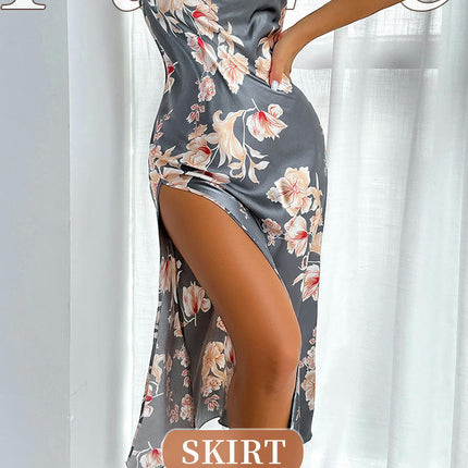 Women's Sexy Long Suspender Nightdress Imitation Silk Pajamas Backless Slit Nightdress