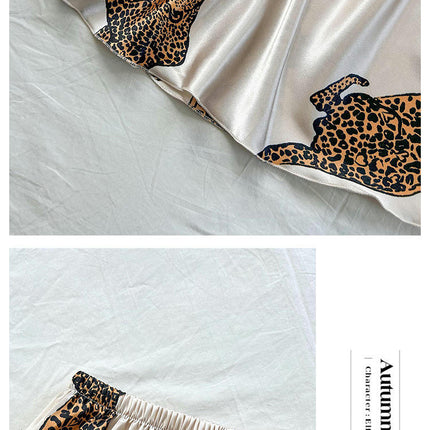 Simulated Silk Pajama Set - Leopard Print Camisole Long Pants Pajamas (4 pieces)