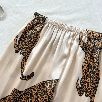 Simulated Silk Pajama Set - Leopard Print Camisole Long Pants Pajamas (4 pieces)