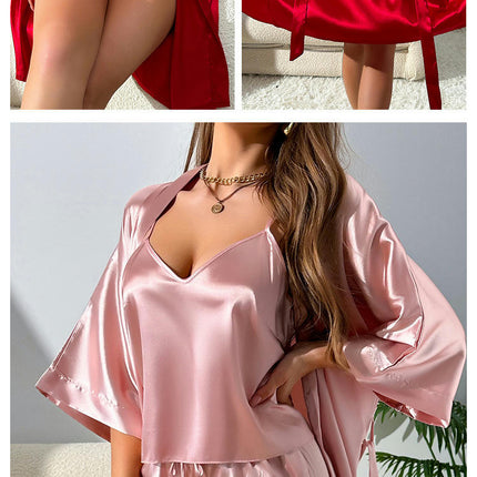 Women's 3pcs Imitation Silk Satin Pajamas Set Cami Top and Shorts Sleepwear Set with Robe