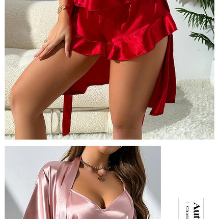 Women's 3pcs Imitation Silk Satin Pajamas Set Cami Top and Shorts Sleepwear Set with Robe