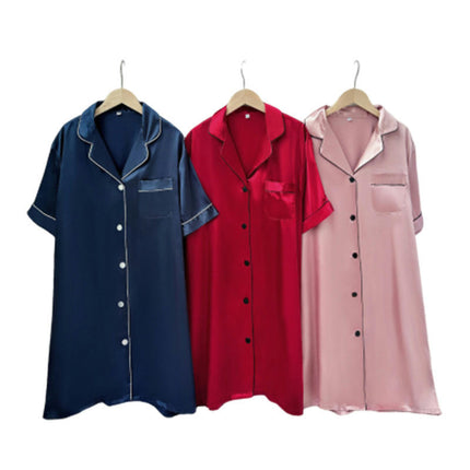 Nightgowns for Women 3 Pack Imitation Silk Button Down Sleepwear Short Soft Nightshirts