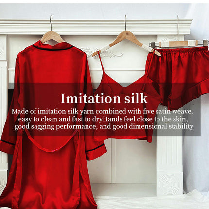 Women's Imitation Silk Pajamas Set - Sexy Backless Suspender Shorts Cardigan Nightgown 3-piece Set