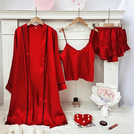 Women's Imitation Silk Pajamas Set - Sexy Backless Suspender Shorts Cardigan Nightgown 3-piece Set