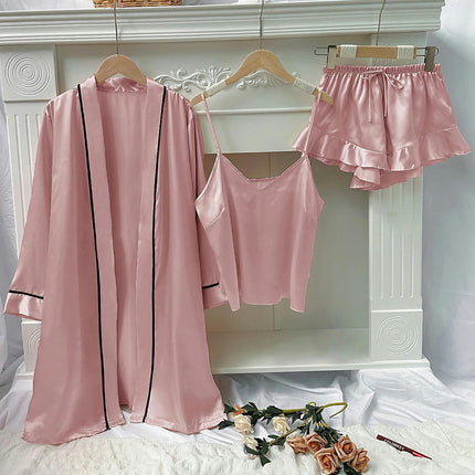 Women's Imitation Silk Pajamas Set - Sexy Backless Suspender Shorts Cardigan Nightgown 3-piece Set