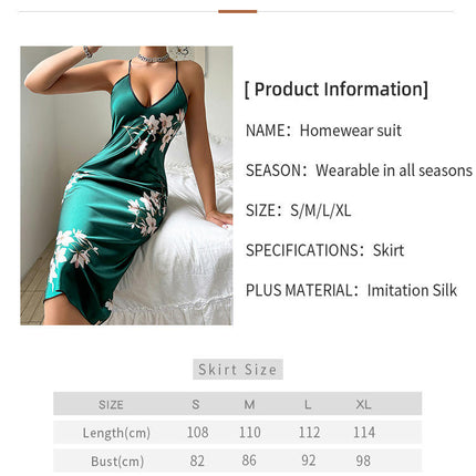 Women's Fashion Sexy Printed Long Imitation Silk Suspender Dress Nightgown