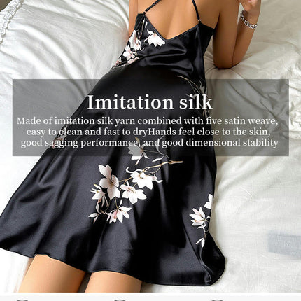 Women's Fashion Sexy Printed Long Imitation Silk Suspender Dress Nightgown