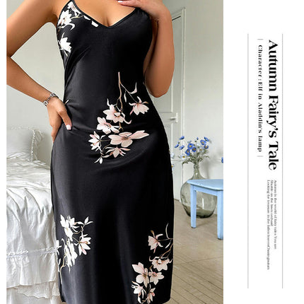 Women's Fashion Sexy Printed Long Imitation Silk Suspender Dress Nightgown