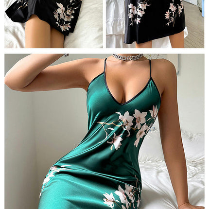 Women's Fashion Sexy Printed Long Imitation Silk Suspender Dress Nightgown