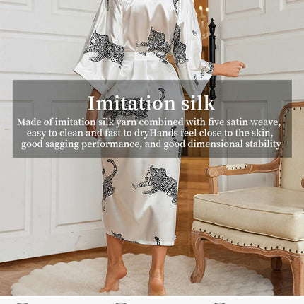 Women Long Imitation Silk Satin Bathrobe Kimono Leopard Dressing Gown Sleepwear With Belt