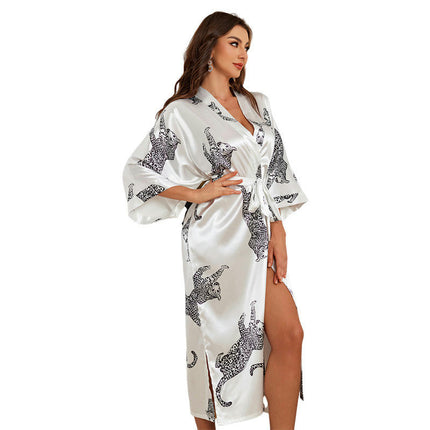 Women Long Imitation Silk Satin Bathrobe Kimono Leopard Dressing Gown Sleepwear With Belt