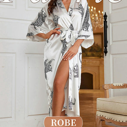 Women Long Imitation Silk Satin Bathrobe Kimono Leopard Dressing Gown Sleepwear With Belt