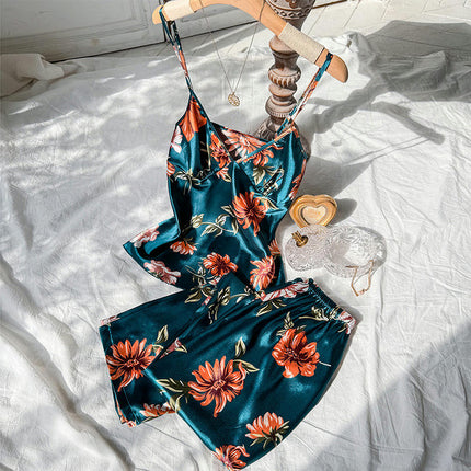 Imitation Silk Pajama Set - Fashion Printed Camisole Long Pajama 2-Piece Set