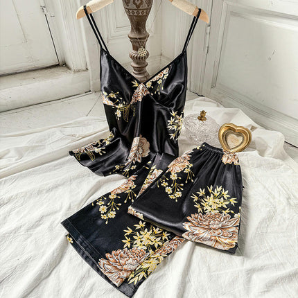 Imitation Silk Pajama Set - Fashion Printed Camisole Long Pajama 2-Piece Set