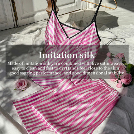 Imitation Silk Pajama Set - Fashion Printed Camisole Long Pajama 2-Piece Set