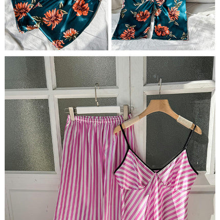 Imitation Silk Pajama Set - Fashion Printed Camisole Long Pajama 2-Piece Set