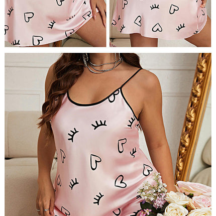 Women's Imitation Silk Satin Nightdress Baby Doll Dress Mini Heart Printed Suspender Nightdress