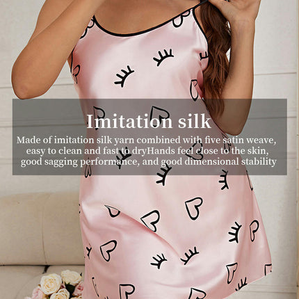 Women's Imitation Silk Satin Nightdress Baby Doll Dress Mini Heart Printed Suspender Nightdress