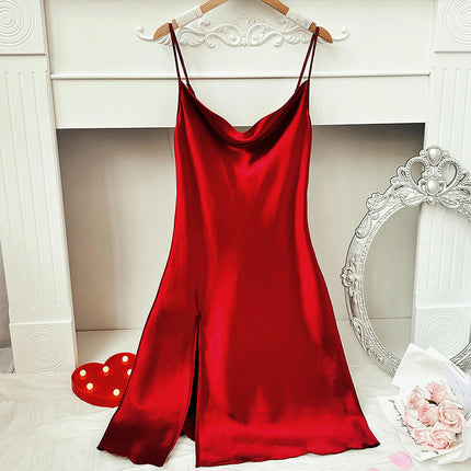 Satin Nightshirts Sexy Imitation Silk Nightdress Spaghetti Strap Short Negligee Chemise Split