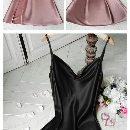 Satin Nightshirts Sexy Imitation Silk Nightdress Spaghetti Strap Short Negligee Chemise Split