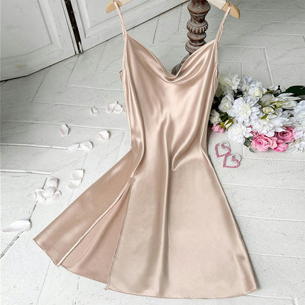 Satin Nightshirts Sexy Imitation Silk Nightdress Spaghetti Strap Short Negligee Chemise Split