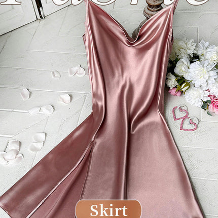 Satin Nightshirts Sexy Imitation Silk Nightdress Spaghetti Strap Short Negligee Chemise Split