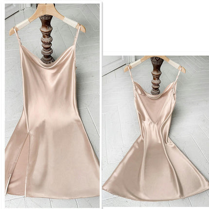 Satin Nightshirts Sexy Imitation Silk Nightdress Spaghetti Strap Short Negligee Chemise Split