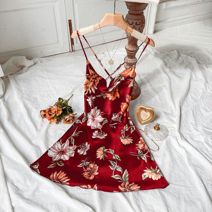 Women's Faux Silk Satin Nightgown Dress Sexy Printed Backless Nightgown Mini Suspender Nightdress