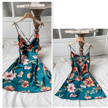 Women's Faux Silk Satin Nightgown Dress Sexy Printed Backless Nightgown Mini Suspender Nightdress