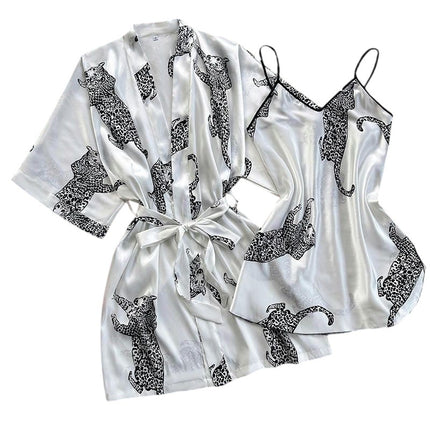 Simulated Silk Leopard Pajamas V-Neck Suspender Dress Cardigan Nightgown 2-Piece Set