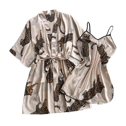 Simulated Silk Leopard Pajamas V-Neck Suspender Dress Cardigan Nightgown 2-Piece Set