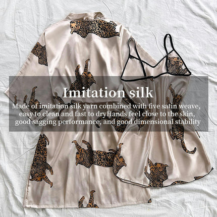 Simulated Silk Leopard Pajamas V-Neck Suspender Dress Cardigan Nightgown 2-Piece Set