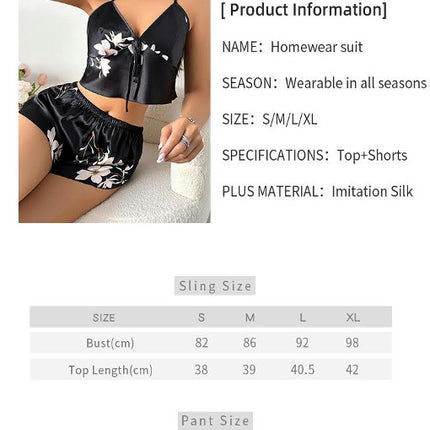 Suspender Bellyband Shorts Set Imitation Silk Printed Underwear Sexy Pajamas Women