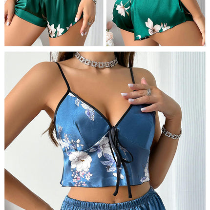 Suspender Bellyband Shorts Set Imitation Silk Printed Underwear Sexy Pajamas Women