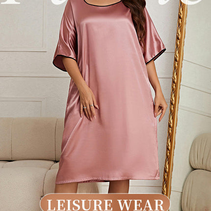 Women's Large Size Pajamas Round Neck Dress - Imitation Ice Silk Nightdress Home Clothes