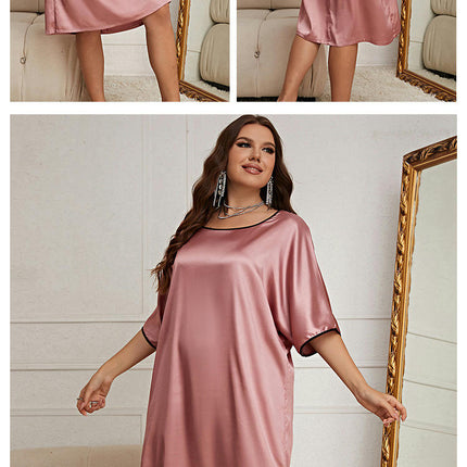 Women's Large Size Pajamas Round Neck Dress - Imitation Ice Silk Nightdress Home Clothes