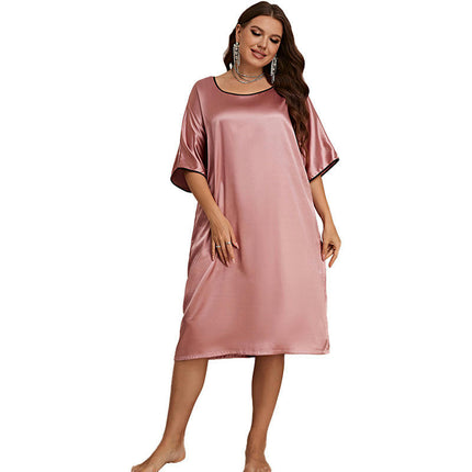 Women's Large Size Pajamas Round Neck Dress - Imitation Ice Silk Nightdress Home Clothes