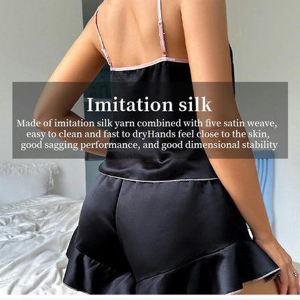 Imitation Silk Pajamas Set for Women 2 Piece Sexy Satin Ruffled Pjs Cami Shorts Sets Sleepwear