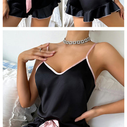 Imitation Silk Pajamas Set for Women 2 Piece Sexy Satin Ruffled Pjs Cami Shorts Sets Sleepwear