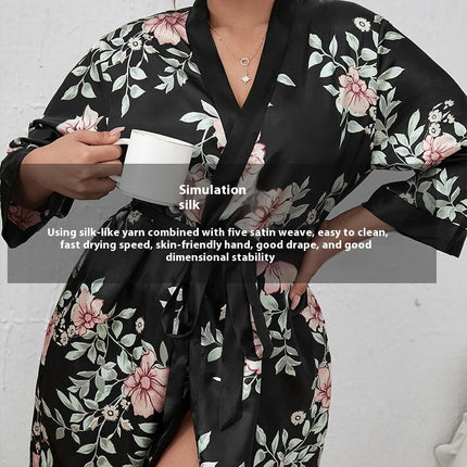 Women's Floral Simulated Silk Satin Robe Plus Size Floral Kimono Pajama Dressing Gown