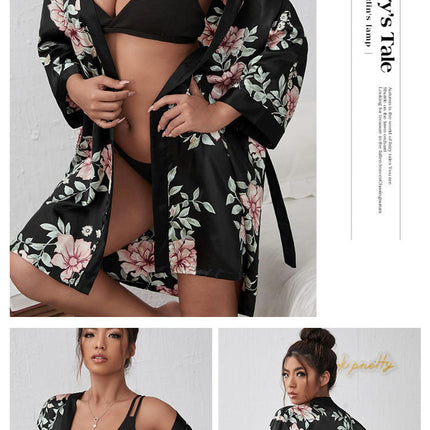 Women's Floral Simulated Silk Satin Robe Plus Size Floral Kimono Pajama Dressing Gown