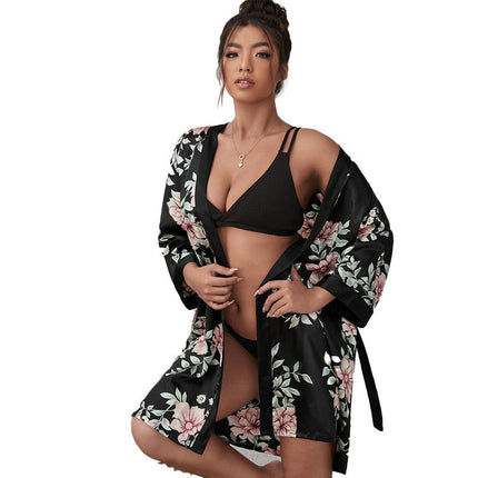 Women's Floral Simulated Silk Satin Robe Plus Size Floral Kimono Pajama Dressing Gown